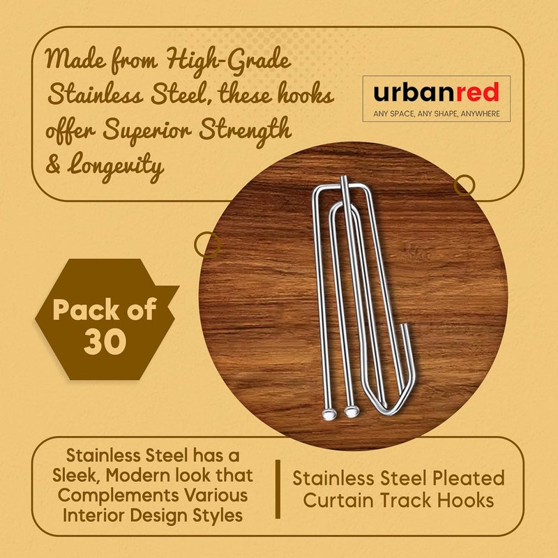 UrbanRed 30 Pcs Pinch Pleat Curtain Hooks for Drapes, 4 Prongs Stainless Steel Pleated Tape Curtain Drapery Hooks/Clips/Pin/Clamp, Traverse Pleater Curtain Hanger, Curtain Pin Hooks - Image 2